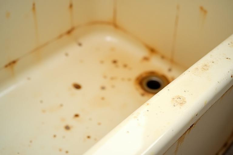 A stained and yellowed old bathtub before refinishing