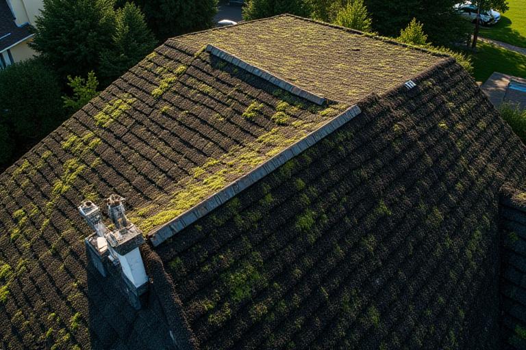 A roof covered in dark algae streaks and dirt