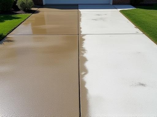A clean concrete driveway after pressure washing