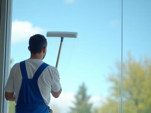 Professional cleaning a large residential window
